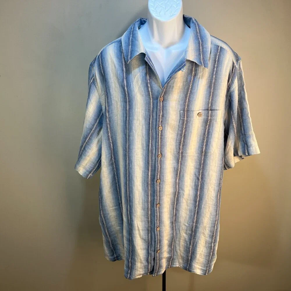🧵 The Territory Ahead Men’s Linen Blend Camp Shirt Blue Ivory LT Large Tall 🌿